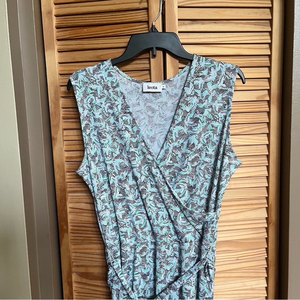 Leota Abstract Bird Leaf Turquoise Patterned Women's Faux Wrap Dress Size L - Picture 2 of 8